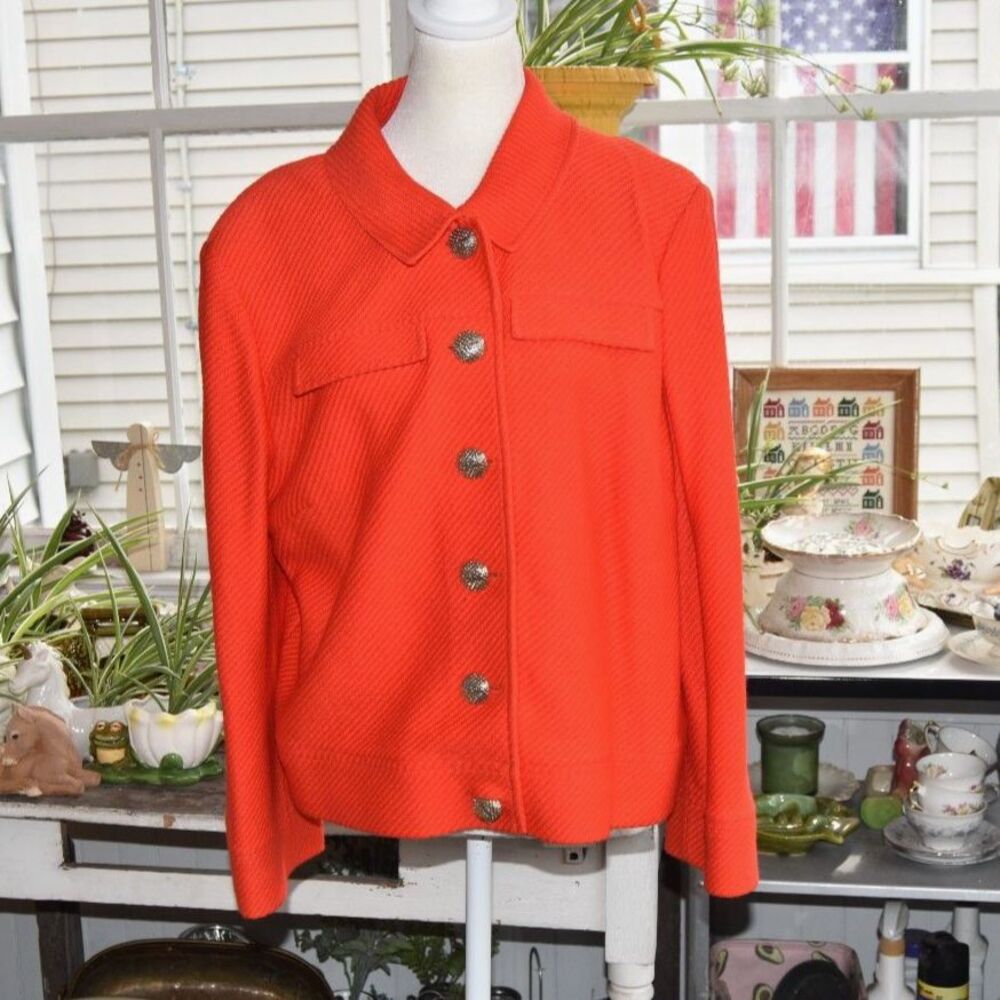 St. John Jacket Womens 14 Orange Red Wool Rayon Knit Button Front Collared USA
